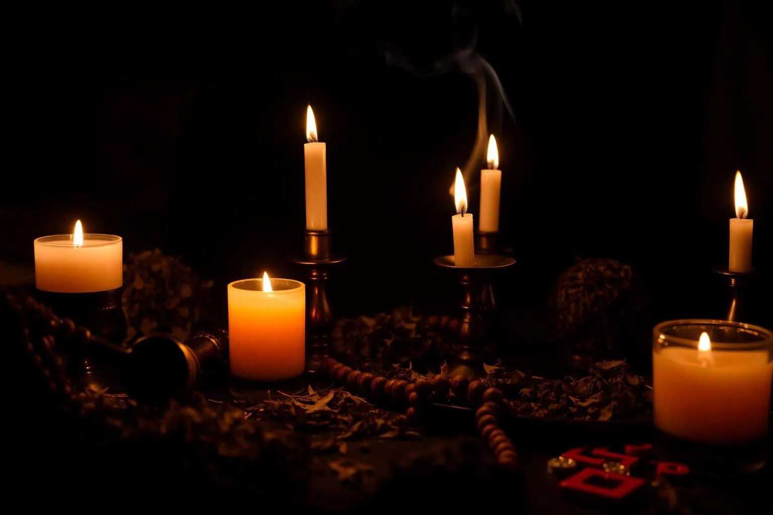 Altar místico com velas acesas e oferendas aos Pretos Velhos